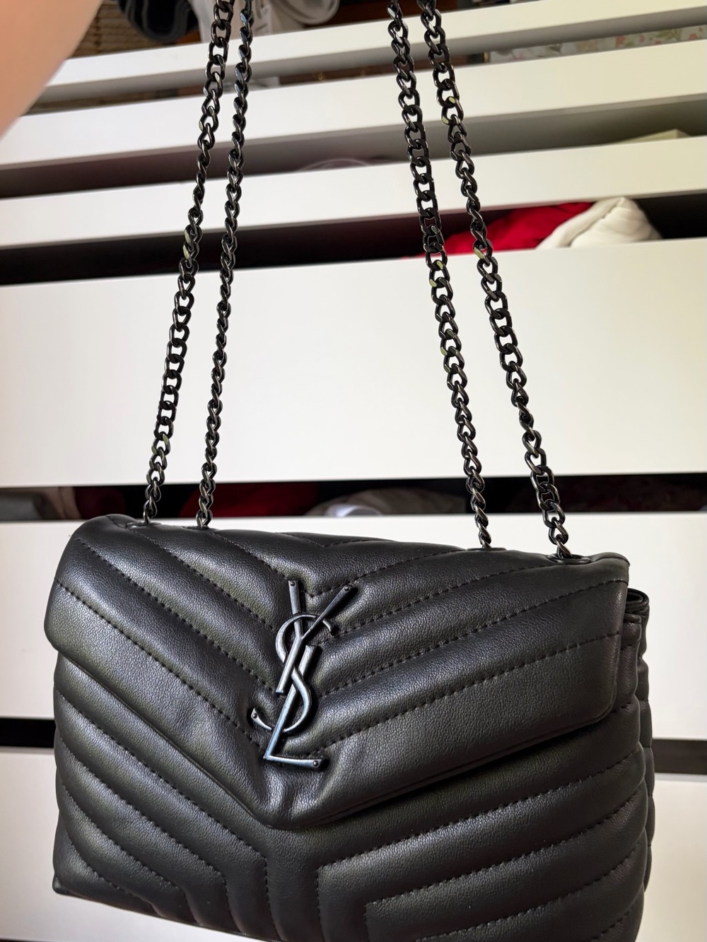 Saint Laurent Matte Black Chevron Quilted Leather Shoulder Bag with Chain